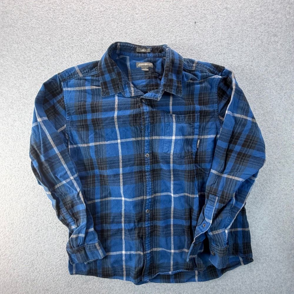 Eddie Bauer Mens XL Classic Fit Blue Plaid Flannel Long Sleeve Button Shirt 0823